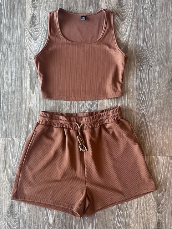 Pants - Rust Brown Ribbed Tank and Shorts Set